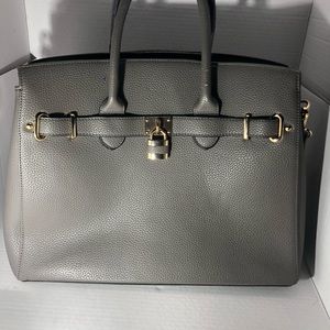 Versatile Large Gray Handbag with Gold Details